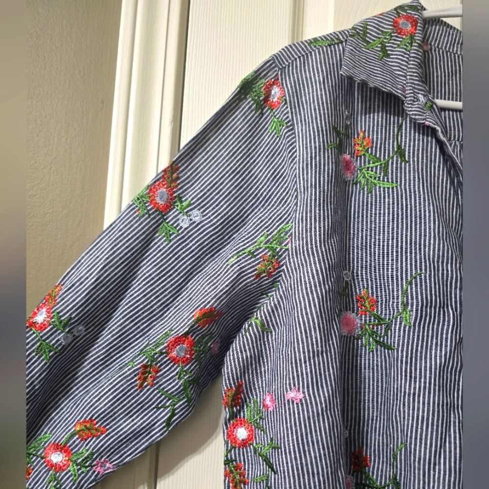 For Cynthia Linen & Cotton Striped Floral Embroidered Popover Tunic, Sz 2X, EUC! - Picture 7 of 14